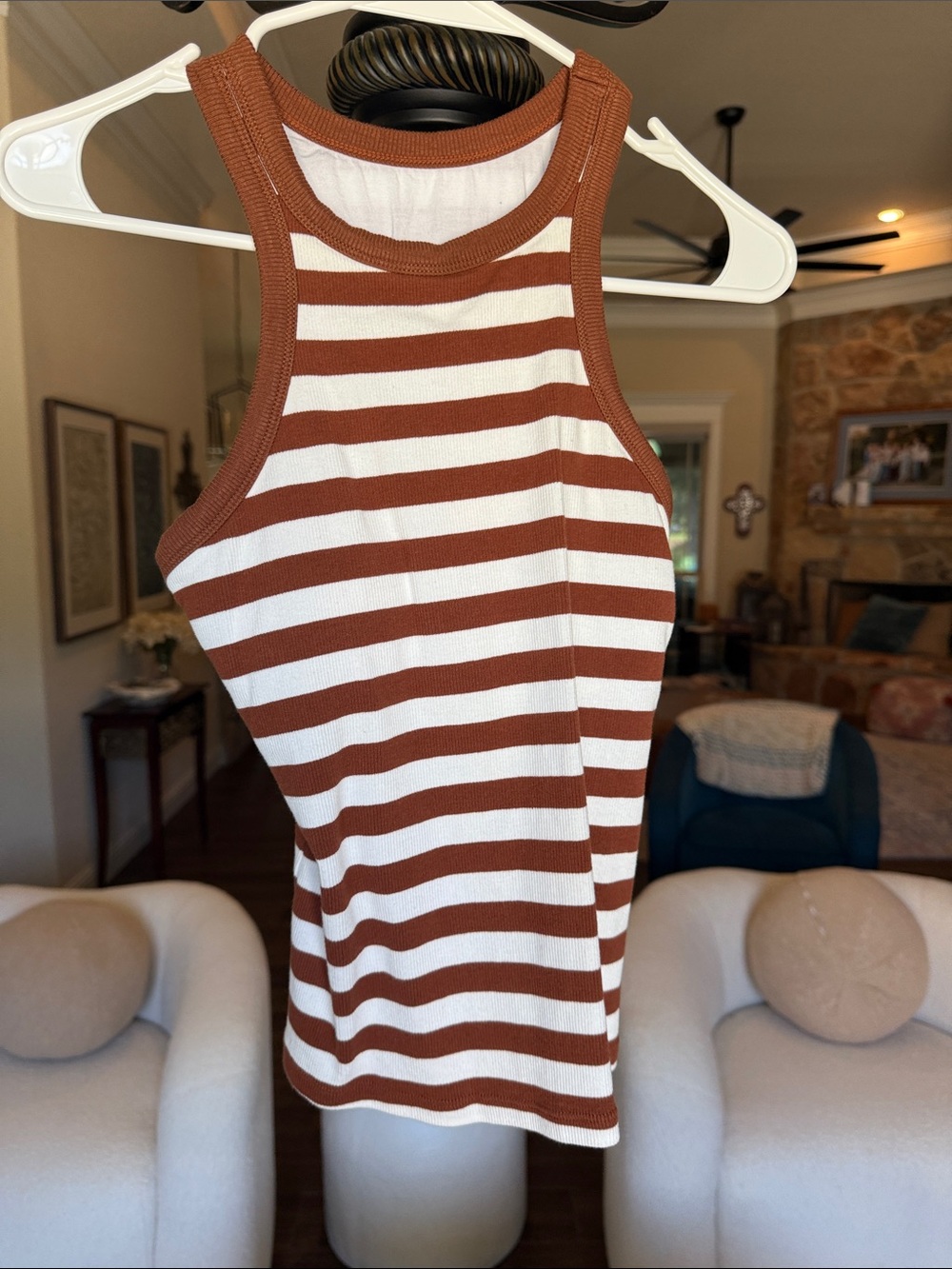 Striped Built in Bra Tank Top in Rust and White